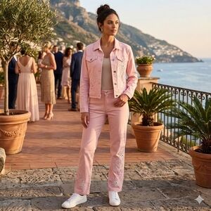 Impulse California Women's Pink Embroidered Floral Jacket Pant Set Size Small/6